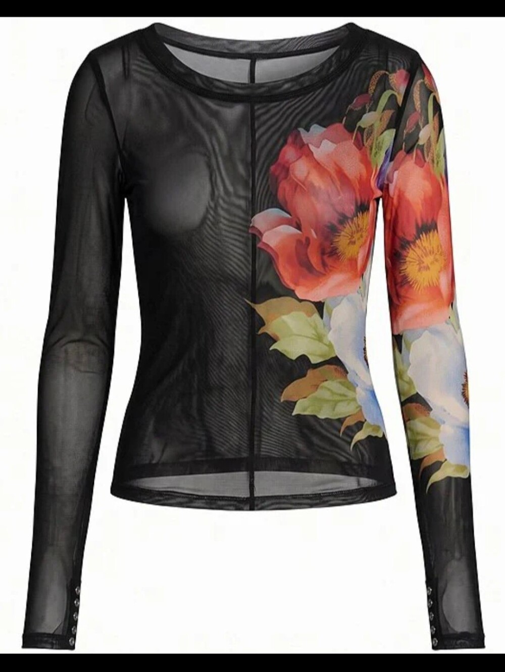 Free People Black Lilly Floral Printed Boat Neck Long Sleeve Mesh Top NWT $78